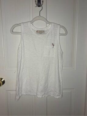 LOFT White Sleeveless Pocket Tank with Small Flamingo Accent